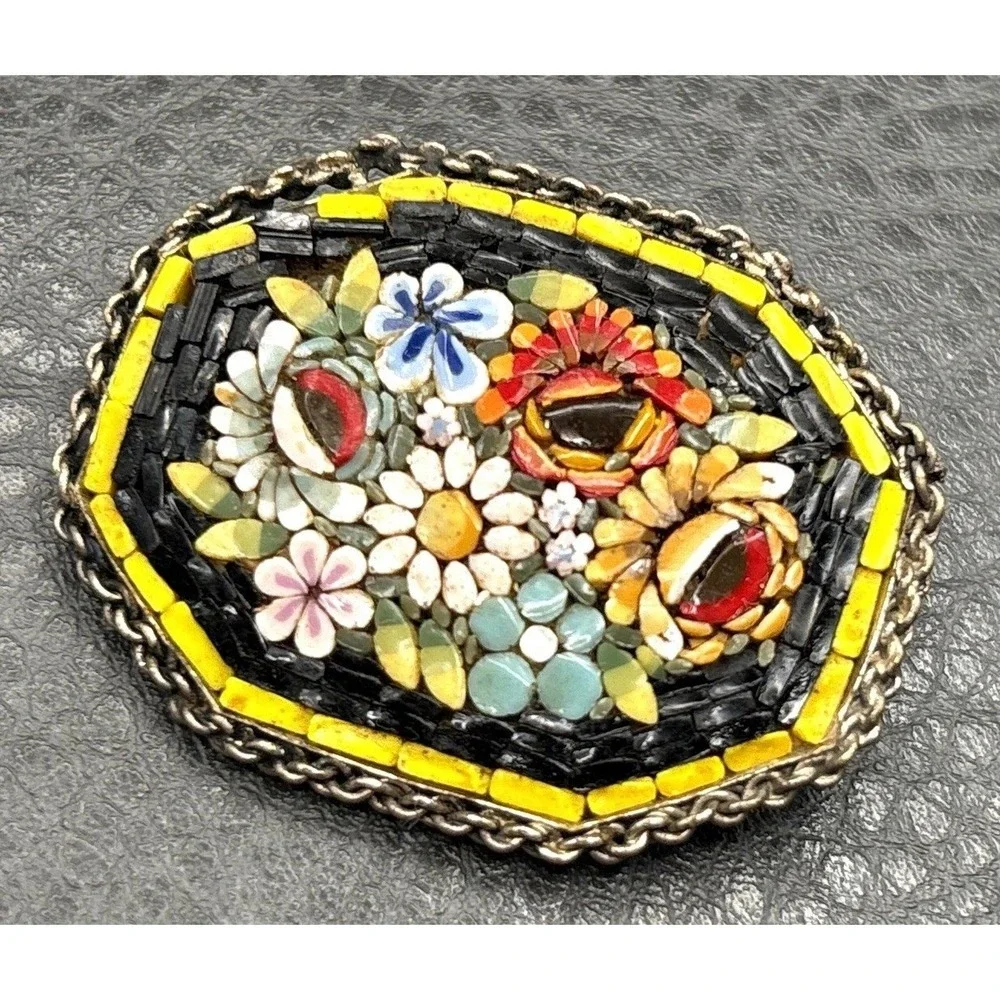 Vintage Micro Mosaic Italian Italy Floral Brooch Yellow Red Black Pin READ